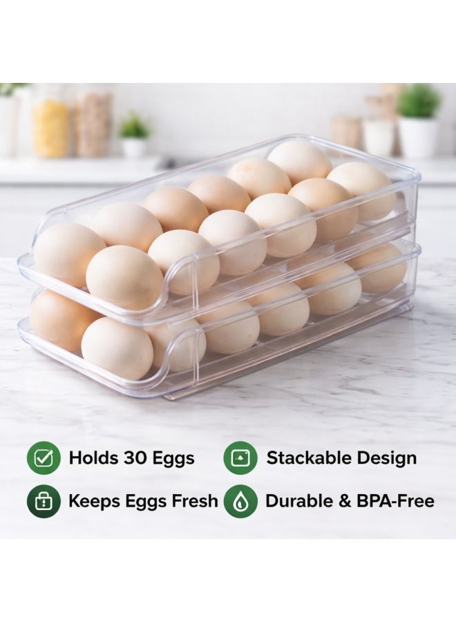 أرابيكو حامل بيض للثلاجة، منظم بيض أوتوماتيكي متحرك، حاوية تخزين بيض قابلة للتكديس من طبقتين مع غطاء، صينية توزيع بيض بلاستيكية شفافة للثلاجة، منظم مطبخ موفر للمساحة - Image 3